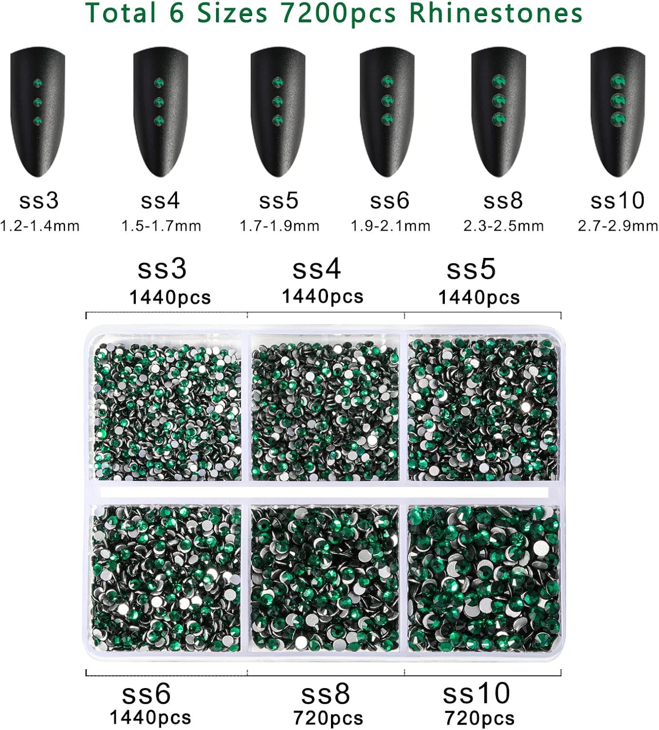 Beadsland 7200pcs Flatback Rhinestones,Green Rhinestone Nail Gems Round Crystal Rhinestones for Crafts,Mixed 6 Sizes with Wax Pencil Kit, SS3-SS10,Emerald