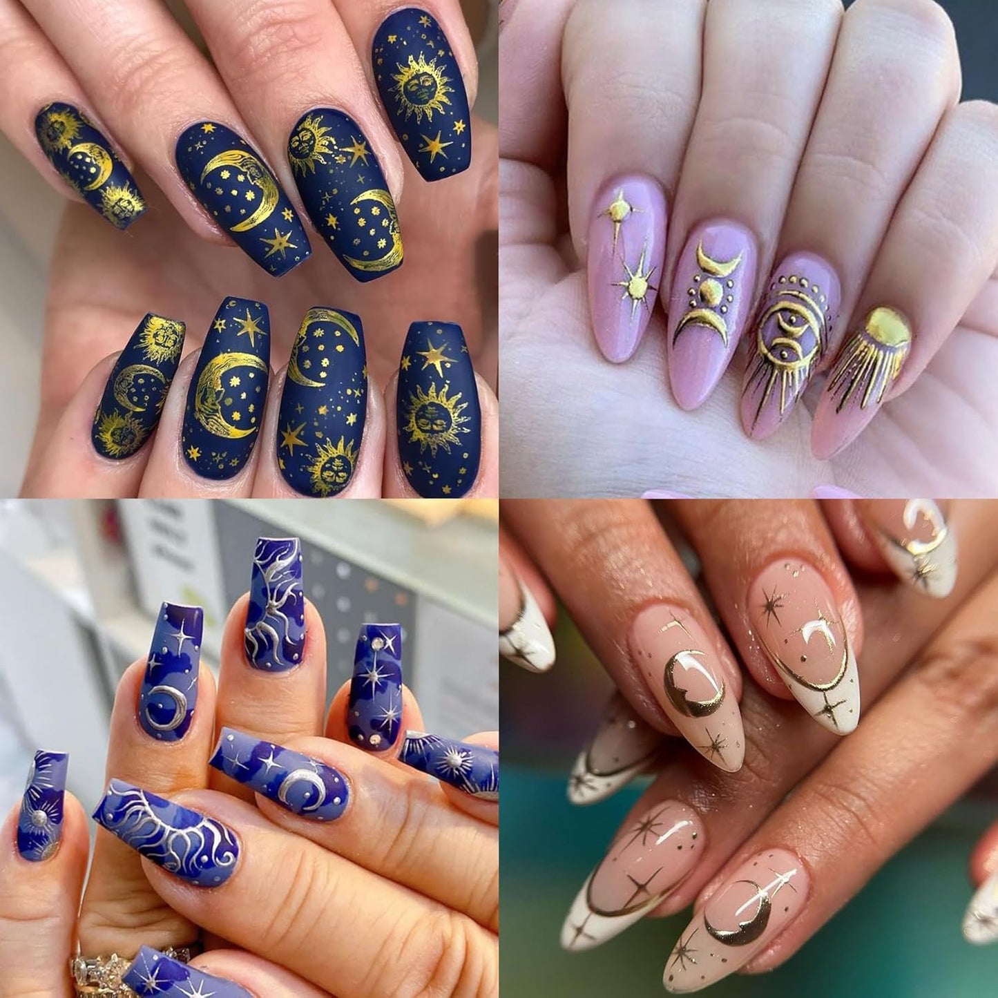 8 Sheets Gold Sun Nail Art Stickers - Sliver Moon Star Self-Adhesive 3D Nail Decals for DIY Golden Slivery Manicure