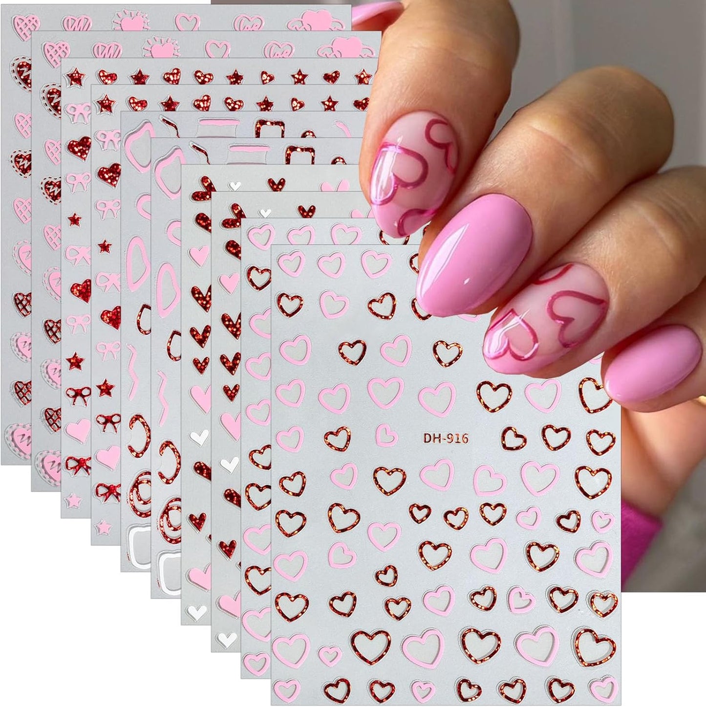 10 Sheets Valentines Nail Stickers Hollow Hearts Nail Decals 3D Self Adhesive Pink Red Bow Peach Heart Shaped Nail Art Stickers French Heart Nail Decorations for Women DIY Nail Art Designs Supplies