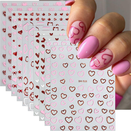 10 Sheets Valentines Nail Stickers Hollow Hearts Nail Decals 3D Self Adhesive Pink Red Bow Peach Heart Shaped Nail Art Stickers French Heart Nail Decorations for Women DIY Nail Art Designs Supplies
