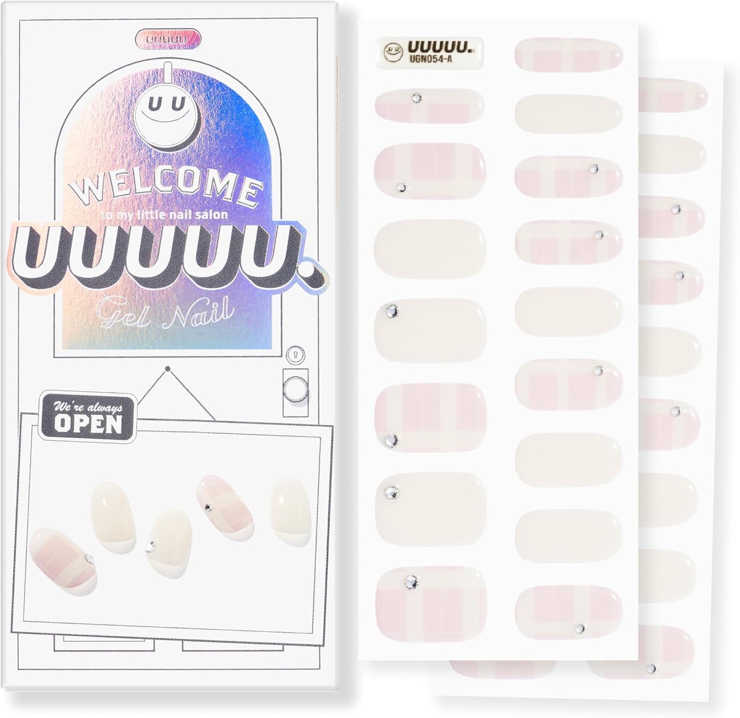 UUUUUU Semi Cured Gel Nail Strips | Salon-Quality | UV Free Gel Nail Wraps for Women | Easy Peel&Stick | Long-Lasting up to 14 Days | 28 Strips Set+File & Wipes | Gift-Ready (UGN054 Chiffon Check)
