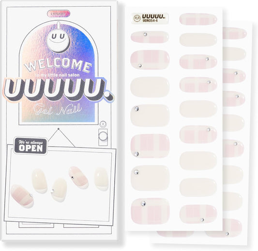 UUUUUU Semi Cured Gel Nail Strips | Salon-Quality | UV Free Gel Nail Wraps for Women | Easy Peel&Stick | Long-Lasting up to 14 Days | 28 Strips Set+File & Wipes | Gift-Ready (UGN054 Chiffon Check)