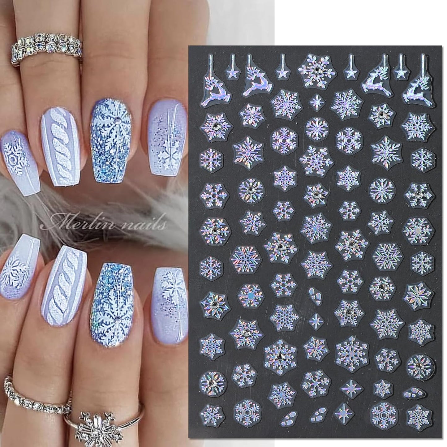 Rhinestone Studded Snowflake Nail Stickers, Christmas Self-Adhesive Crystal Diamond 3D Glitter Nail Art Design for DIY Manicure Winter Xmas DIY Nail Decals Decorations f (4 Sheets)