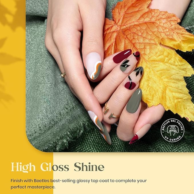Beetles Fall Gel Nail Polish Set 6Pcs Brown Green Yellow Burgundy Orange Glitter Gel Polish Nails Art Soak off Uv LED Manicure Gift Set Golden Season Collection 2025 Nail Trend Gift for Women