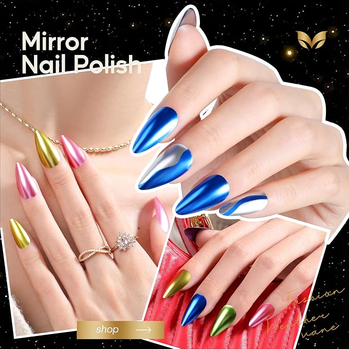 Morovan Metallic Chrome Mirror Quick Air Dry Nail Polish Set: Gold, Silver, Purple - 6 Colors, No UV Curing, Long Lasting, Safe & Healthy, Perfect for DIY Manicure
