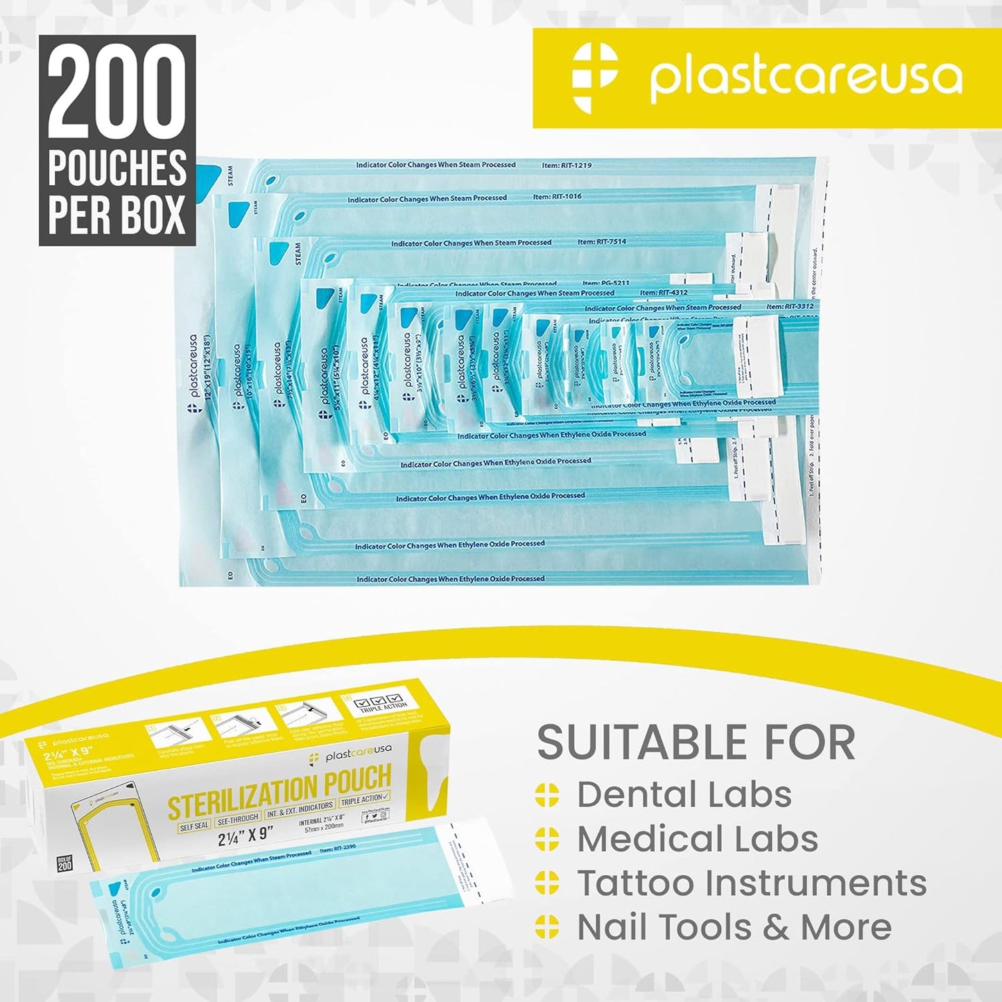 1000 2.25 x 9 Dental Sterilization Pouches, Sterilizer Autoclave Bags for Sterilizing Instruments and Cleaning Tools, 5 Boxes of 200
