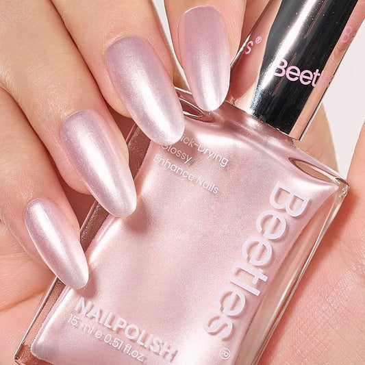 Beetles Pink Pearl Nail Polish 15ML Quick Dry Pink Rose Nude Nail Polish Long Lasting Nail Lacquer Shimmer Art Effect Pearl Romance Collection Nail Salon DIY Manicure Gifts for Her