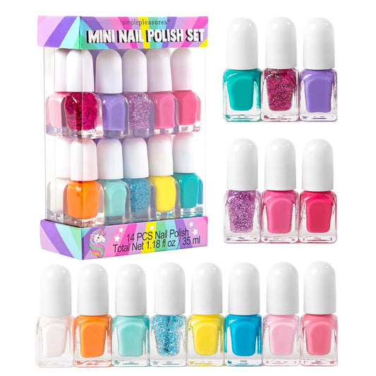 SIMPLE PLEASURES Unicorn Rainbow Kids Nail Polish Set for Girls – 14 Water-Based Non -Toxic Nail Art Kit - Gift Set for Ages 7-12