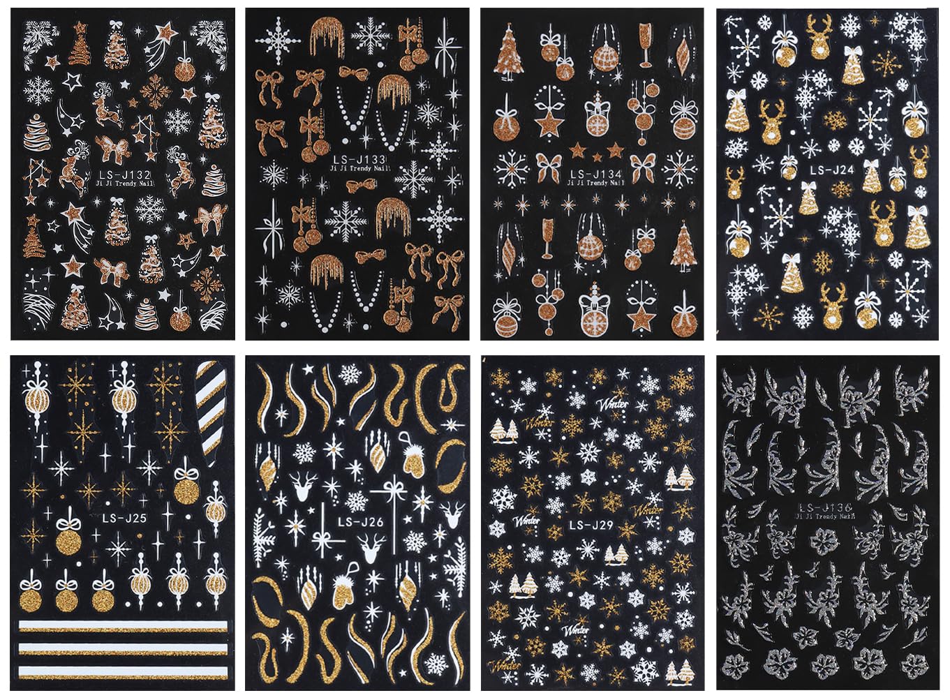 JMEOWIO 8 Sheets Christmas Glitter Nail Art Stickers Decals Self-Adhesive Silver Snowflake Nail Supplies Nail Art Design Decoration Accessories