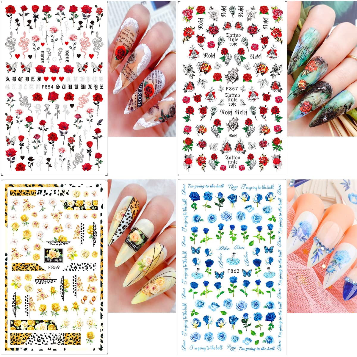 6 Sheets Flower Nail Art Stickers 3D Blue Pink Red Rose Nail Decals Spring Summer Nail Art Supplies Leopard Snake Leaf Butterfly Floral Nail Designs Supply Nail Stickers for Acrylic Nails Decor