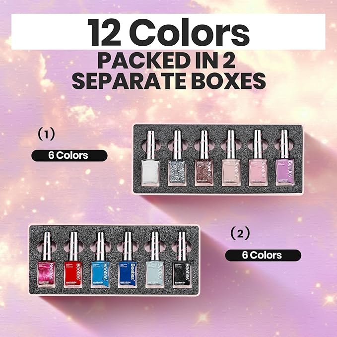 Beetles Nail Polish Set - Quick Dry Nail Polish Kit 12 Colors Pink Glitter Green Blue Yellow Red Regular Air Dry Fingernail Polish Pack for Women Christmas Gift Beetles Colorful Canvas 12 Colors