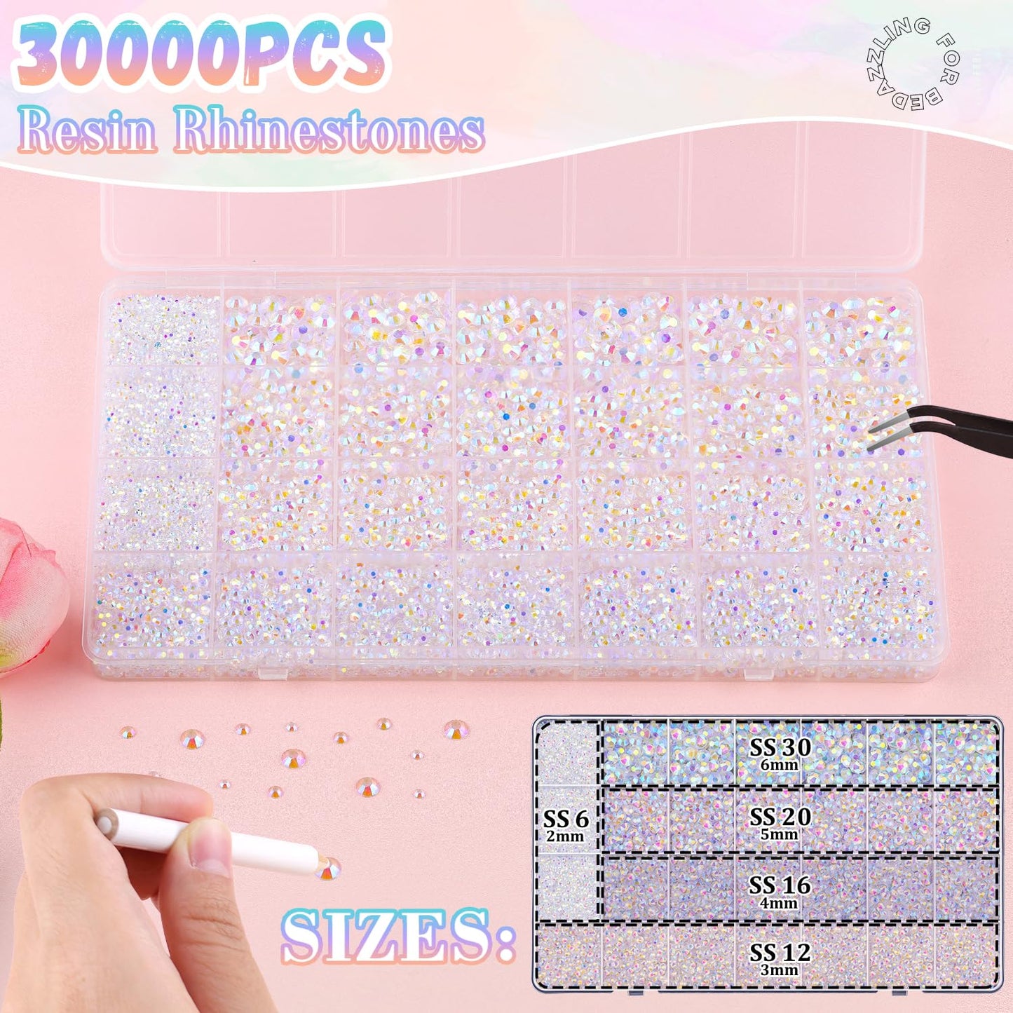 30000Pcs Resin Rhinestones for Bedazzling with B7000 Jewelry Glue, Transparent AB Flatback Gems Rhinestones for Crafting, Clothing Tumblers Mugs Shoes Fabric Decor Nail Art