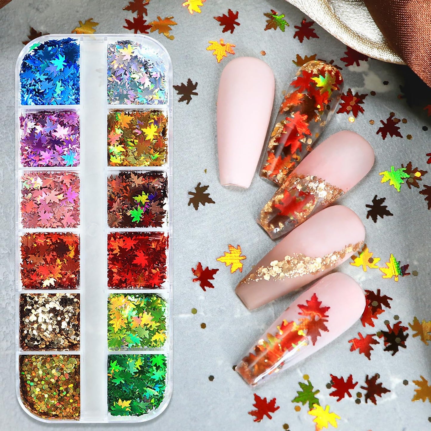 Maple Leaf Glitter Nail Sequins Fall Maple Leaves Glitter for Nails Holographic Laser Fall Nail Art Design Supplies 3D Autumn Glitters Flakes Decor