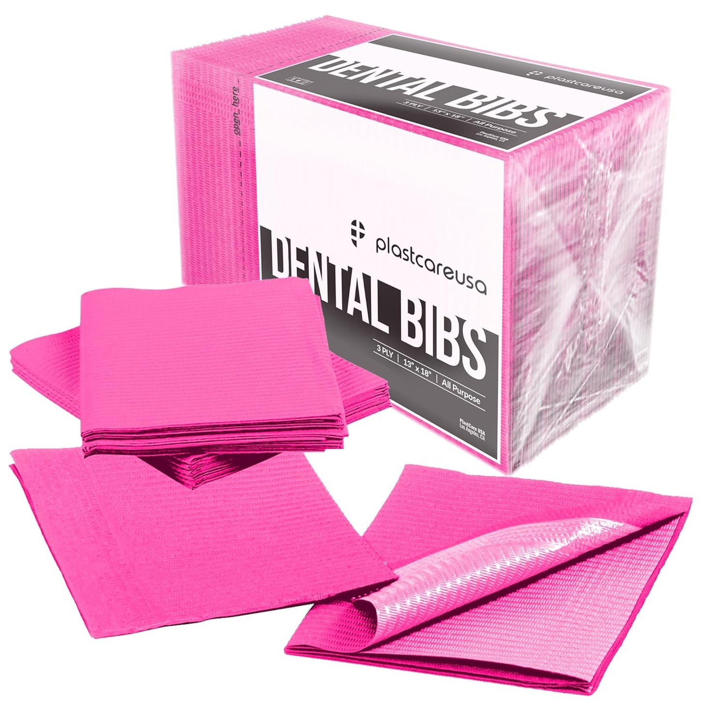 PlastCare USA Disposable Dental Bibs 13"x18" - 3 Ply Waterproof Tattoo Bib Sheet for Patients - Dentist or Medical Tray Cover and Nail Table Cover Supplies, Fuchsia Hot Pink