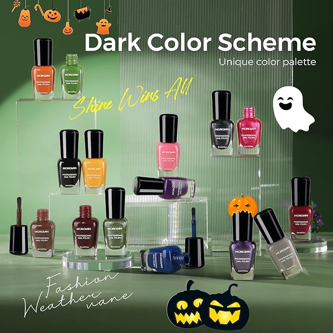 Morovan Dark Nail Polish Set: Glitter Green Dark Red Black Hot Pink Brown Shimmer Fingernail Polish Kit Air Quick Dry Nail Pack for Halloween Nail Art Manicure Gift Holiday Party for Women Girls