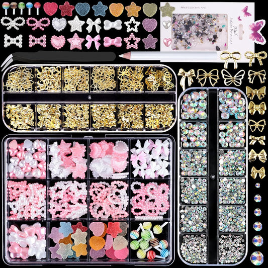 3D Nail Charms and Gems Set, Color Candy Bow Star Heat Nail Art Charms,Flatback AB Gems+Gold Bow Nail Studs+Gravel Diamond,Mixed Nail Rhinestones Manicure Kit Nail Art DIY Decoration with Pickup Tools