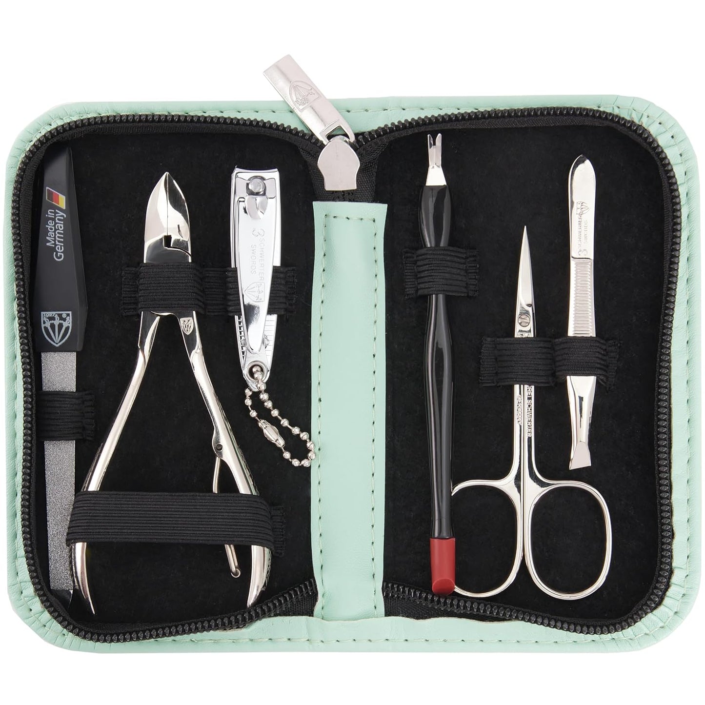 3 Swords Germany - brand quality 6 piece manicure pedicure grooming kit set fashion leather case mint, Made in Germany