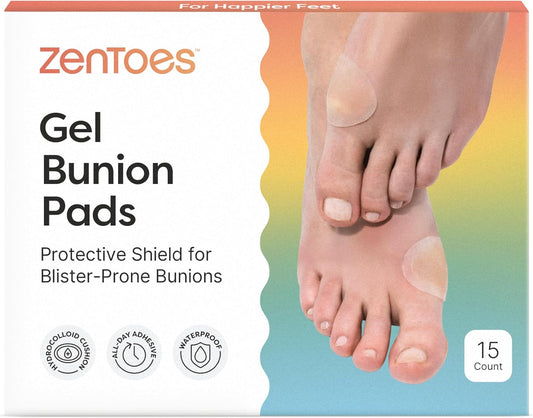 ZenToes Hydrocolloid Bunion Pads - Waterproof Gel Cushions for Bunion Relief, Blister Prevention & Foot Protection - Invisible, Breathable, All-Day Adhesive - 15 Count