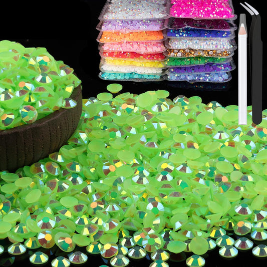 5000pcs 5mm Resin Rhinestones Bulk, Fluorescent Green AB Flatback Round Jelly Rhinestones Non Hotfix Crystal Gems Large Quantity Wholesale for DIY Crafts Clothes Face Makeup Manicure