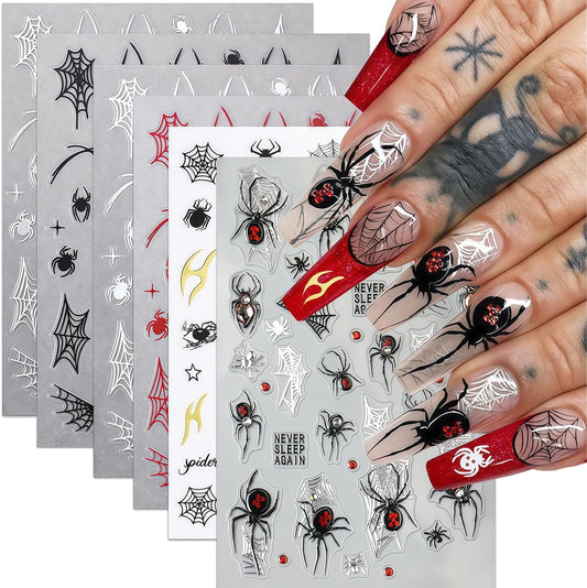 Spider Nail Art Stickers 3D Self-Adhesive Black White Red Silver Spiders Spider Web Star Nail Design Decals Halloween Nail Stickers DIY Holiday Manicure Decoration for Salon Acrylic Manicure 6 Sheets
