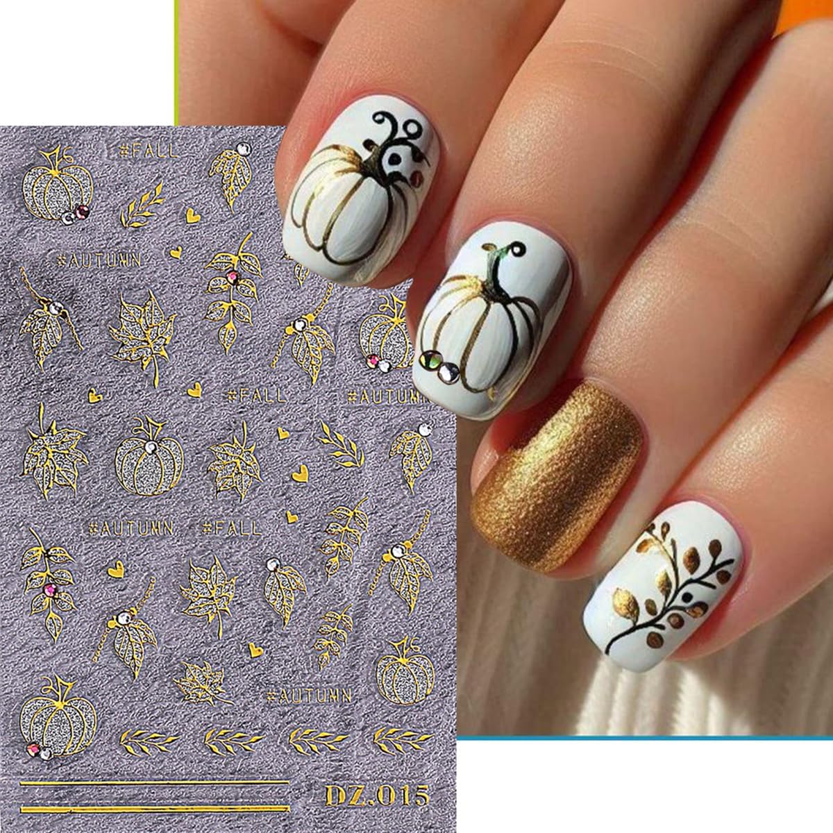 Fall Nail Art Stickers Autumn Pumpkin Maple Leaf Crystal Nail Decals 3PCS Gold Fall Leaf Pumpkin Heart Nail Design Adhesive Stickers Nail Art Supplies for Thanksgiving Day DIY Nail Decoration