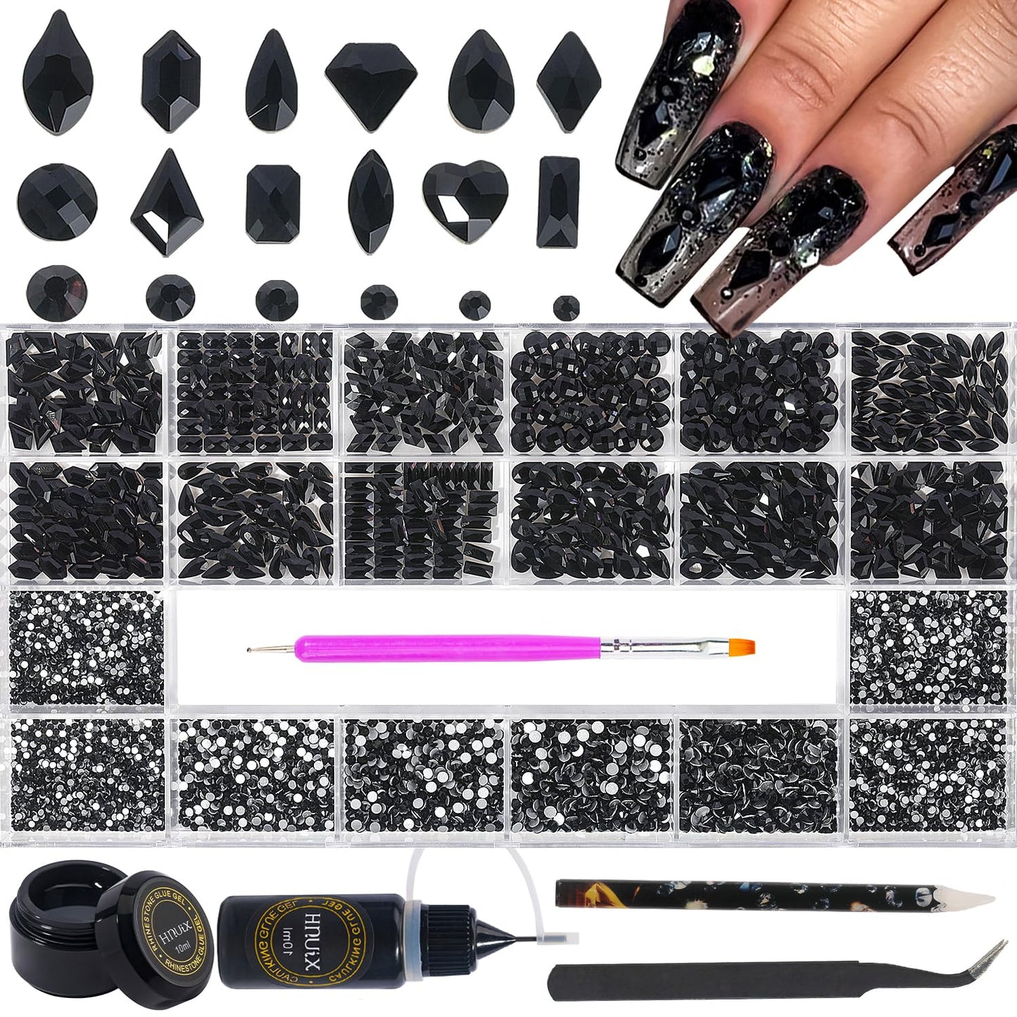 HNUIX Nail Rhinestones - 4550pcs Crystals Black, Multiple Shape Gems, Flatback Rhinestones, with Kit and Glue Gel, for Nail Art
