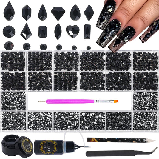 HNUIX Nail Rhinestones - 4550pcs Crystals Black, Multiple Shape Gems, Flatback Rhinestones, with Kit and Glue Gel, for Nail Art