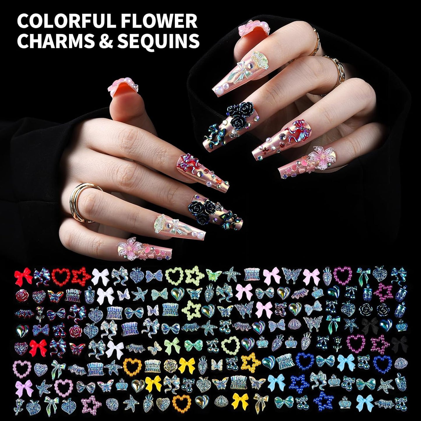 FAMDAMEI 24 Grid Nail Charms, Nail Art Kit with Multi Shapes Nail Charms and Gems, Flatback AB Nail Rhinestones Gold Nail Pearls, Colorful 3D Hawaii Flowers Nail Jewels for DIY Nail Design for Crafts