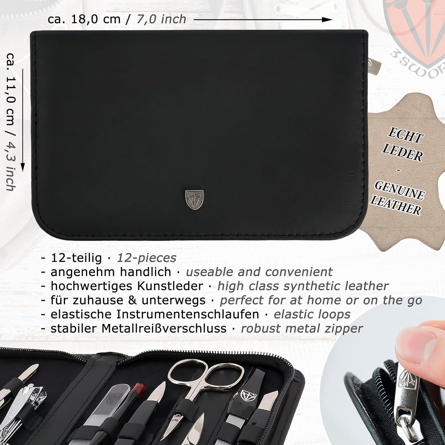 3 Swords Germany – Brand Quality 12 Piece Manicure Pedicure Grooming kit Set for Professional Finger & Toe Nail Care with Black Genuine Leather case - Made in Germany