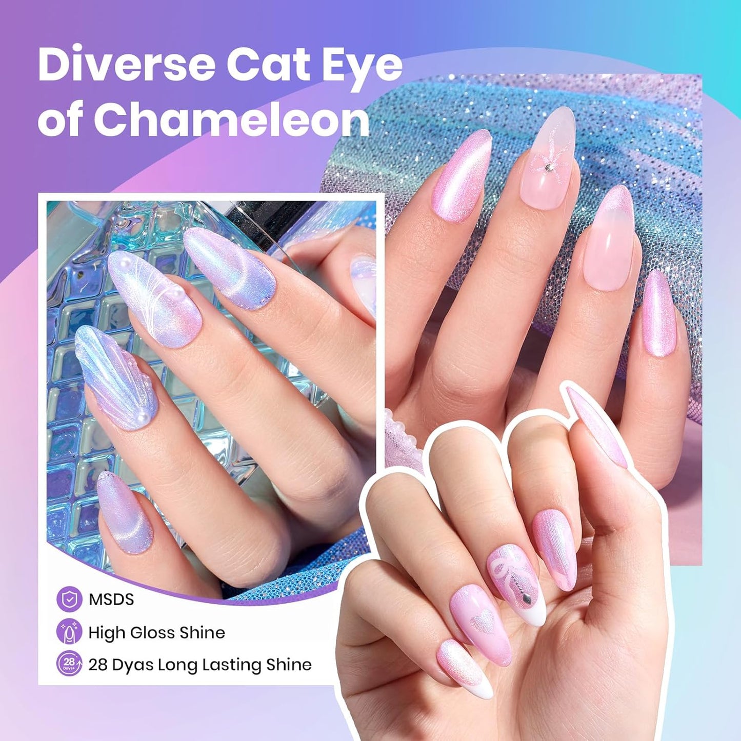 Beetles Cat Eye Gel Nail Polish Set - 6 Colors Summer Chameleon Cat Eye Green Pink Blue Purple Mermaid Gel with Magnet Soak Off UV Prismatic Mirage Collection Salon Nail Art Manicure Gift for Women