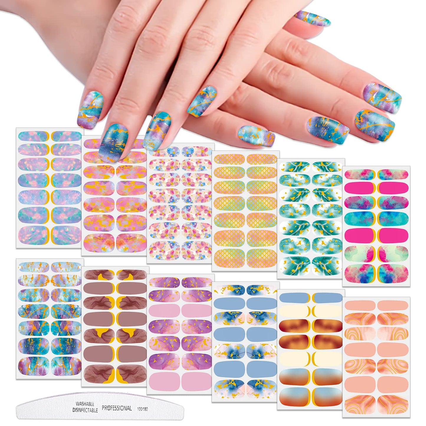 WOKOTO 12 Sheets Glitter Gradient Nail Polish Stickers for Women Marble Nail Stickers Full Nail Wraps Stickers for Nails Gel Nail Polish Strips Stick On Nails for Women Girls Gel Nail Strips