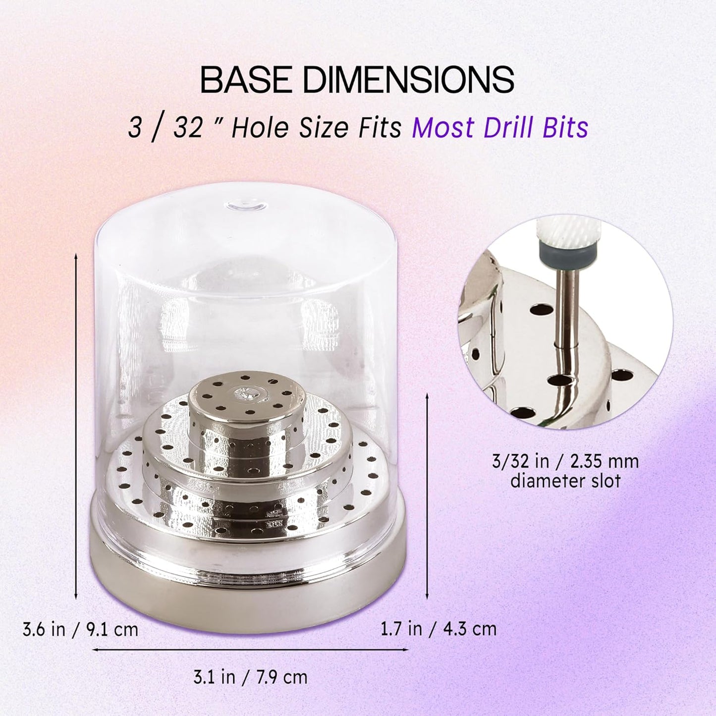 PANA Round Cake Tier Nail Drill Bit Holder Display Organizer Case - Dustproof Carbide Bit Storage Container Box For Manicure Tools Nail Salon - 48 Holes Silver (Drill Bits Not Included)