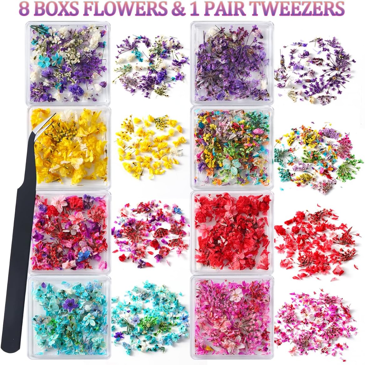 8 Boxs Dried Flowers for Nail Art,Colorful Mini Real Natural Flowers Nail Art Supplies,3D Gypsophila Floral Mixed Tiny Petals Decoration Kits for Resin Jewelry DIY Crafts Manicure Accessories