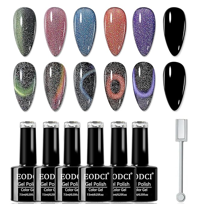 9D Cat Eye Gel Nail Polish, 7.5ml*6 with Magnets Stick, Galaxy Chameleon Effect Silky Cat Eye Nail Gel Soak Off Nail Art Salon Manicure Home Ladies Gift Nail Art DIY at Home Diy