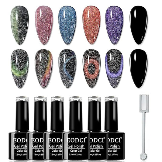 9D Cat Eye Gel Nail Polish, 7.5ml*6 with Magnets Stick, Galaxy Chameleon Effect Silky Cat Eye Nail Gel Soak Off Nail Art Salon Manicure Home Ladies Gift Nail Art DIY at Home Diy