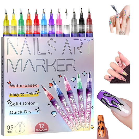 12 Color Nail Art Markers for Gel Nails,Nail Art Pens Set DIY Nail Art Marker 3D Nail Polish Pens, Quick Dry Dotting Point Liner Pens for DIY Nail Art Drawing Painting Tools (12 Colors)