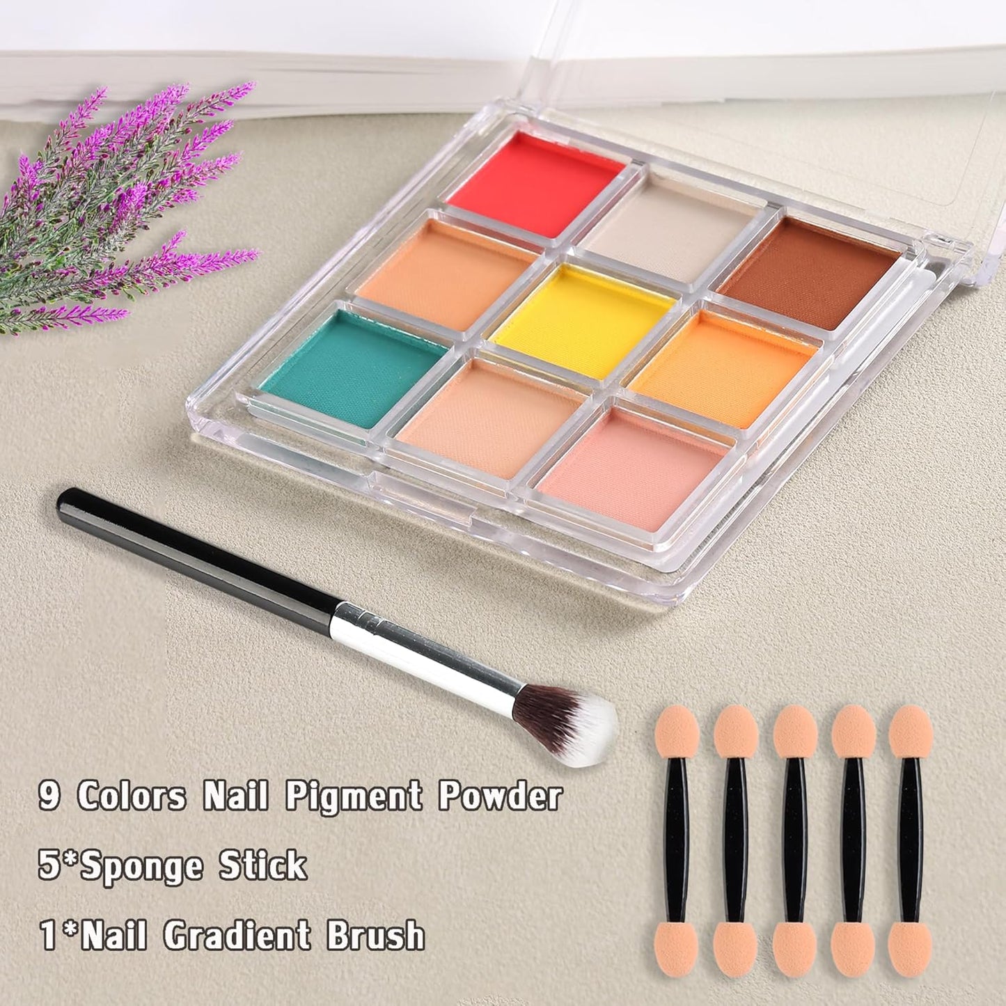 Nail Pigment Powder - 9 Colors Ombre & Gradient Nail Art Design Kit - Includes 5 Sponge Sticks & 1 Brush - Neon Powder for DIY Manicure Beginners