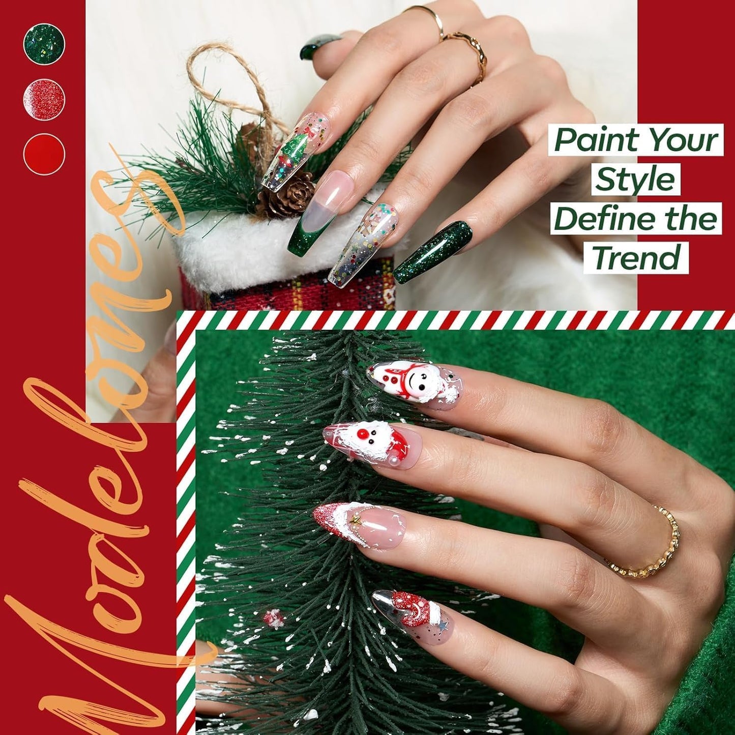 modelones Gel Nail Polish Set 2 Pcs 15 ML Red Green Glitter Gel Nail Polish Silver Champagne Rose Gold Shades Polish Kit Soak Off Nail Art Manicure Home Gift For Women Girl