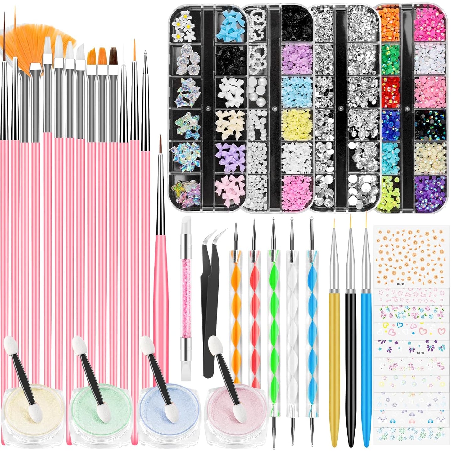 Nail Art Kit, Nail Art Tools, Nail Design Tools, Nail Art Brushes Decoration Kit, Nail Dotting Tool, Nail Kit for Beginners, Chrome Nail Powder, Nail Stickers, Nail Rhinestones, Nail Charms Gems