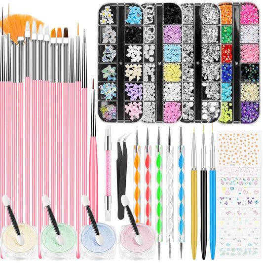 Nail Art Kit, Nail Art Tools, Nail Design Tools, Nail Art Brushes Decoration Kit, Nail Dotting Tool, Nail Kit for Beginners, Chrome Nail Powder, Nail Stickers, Nail Rhinestones, Nail Charms Gems