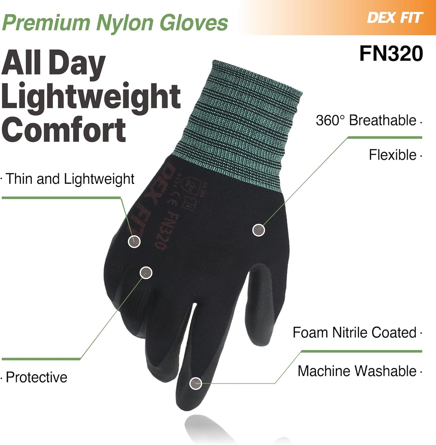 DEX FIT Premium Nylon Nitrile Work Gloves FN320, 3 Pairs, 3D-Comfort Stretchy Fit, Firm Grip, Thin & Lightweight, Durable, Breathable & Cool, Machine Washable; Black 6 (XS)