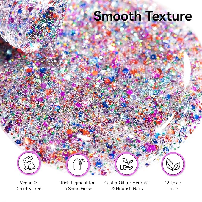Fast Dry Nail Polish, Multicolor Glitter Purple Blue Red Sparkle Fingernail Polish, No UV Lamp Needed, Vegan, Long Lasting Gradient Nail Art DIY Home Travel Manicure Gift