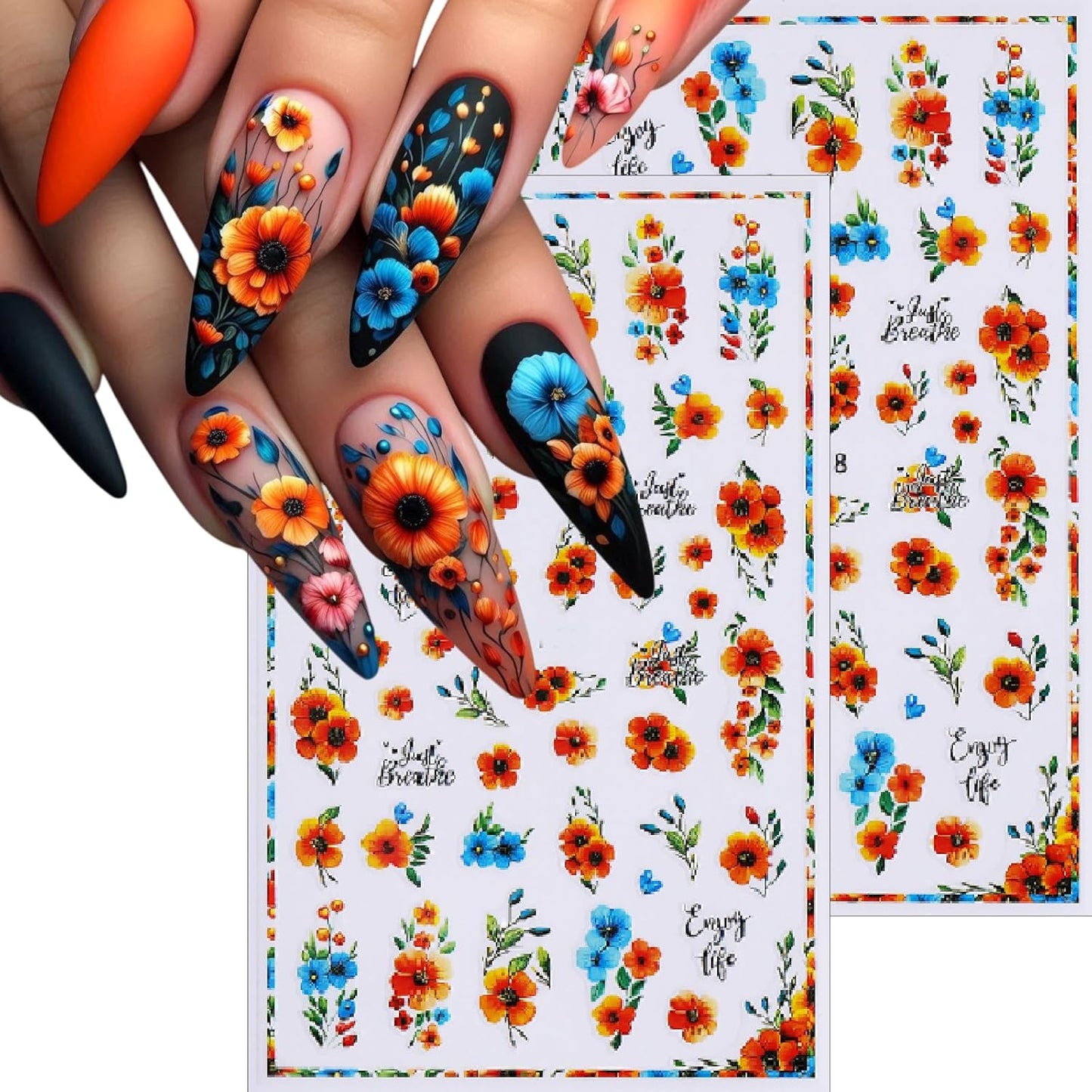 8 Sheets Multi Styles Sunflower Nail Art Stickers Summer Floral Self-Adhesive Yellow Orange Sun Flowers Butterfly Bees Decals Nail Sticker for Women Girls Manicure Tips Decoration