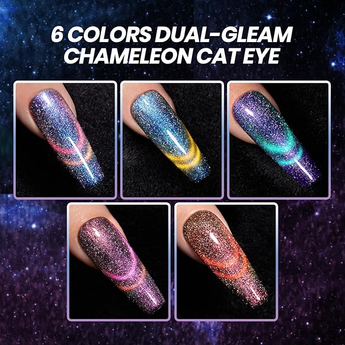 Beetles Cat Eye Gel Nail Polish Set - 6 Colors Chameleon Cat Eye Black Glitter Blue Pueple Pink Red Gel Polish with Magnet Soak Off UV Velvet Gel Galaxy Glitter Collection Salon Gift for Women