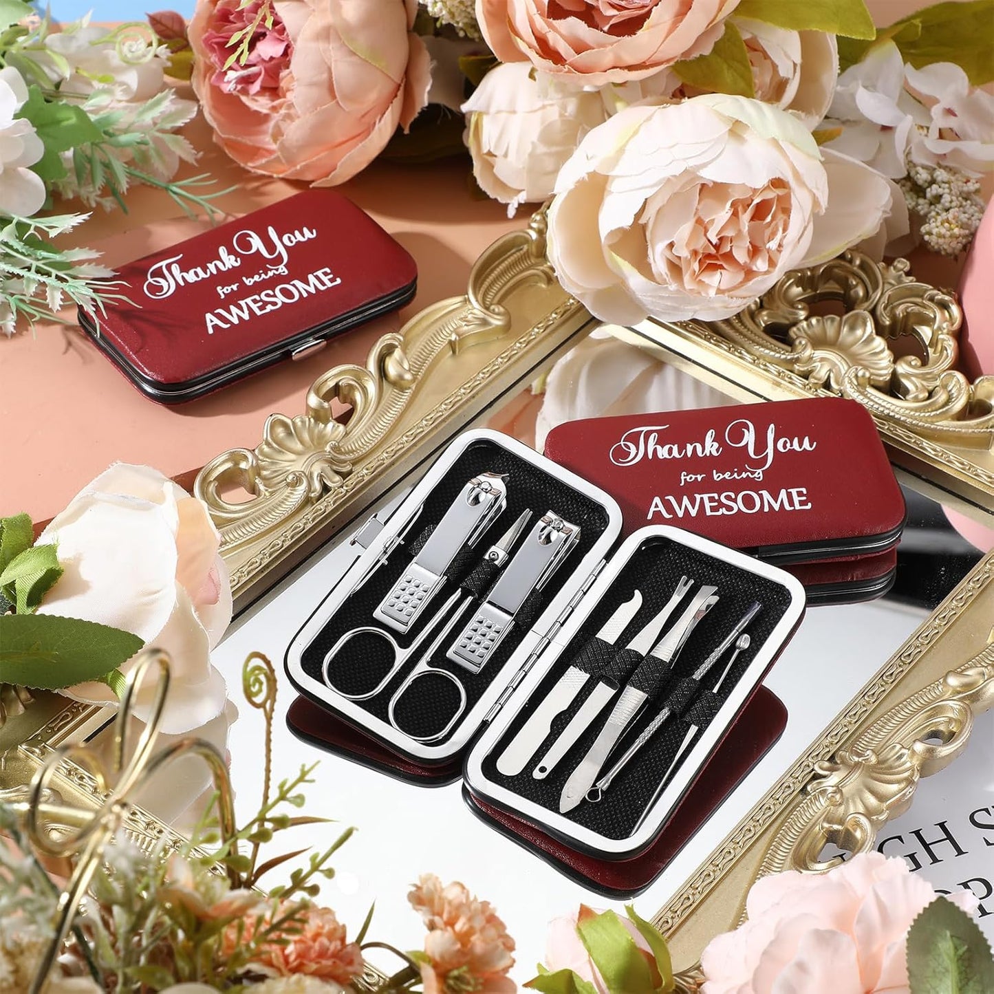 Therwen 24 Sets Manicure Set Nail Clippers 8 in 1 Stainless Steel Grooming Nail Kit Thank You Appreciation Gift Professional Pedicure Tool for Men Women Personal Care(Race Red)