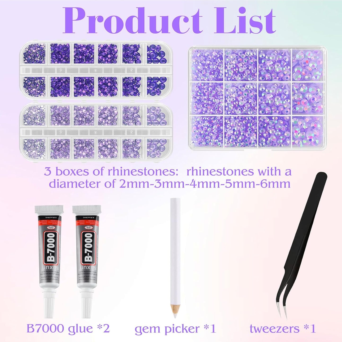 ASTARON Purple Resin Rhinestones for Crafting, 2mm-6mm Mixed Flatback Resin Gemstones for Crafts Gems Bulk Jelly AB Bedazzling Diamonds with Glue for Nails, Tumblers, Mugs Decoration