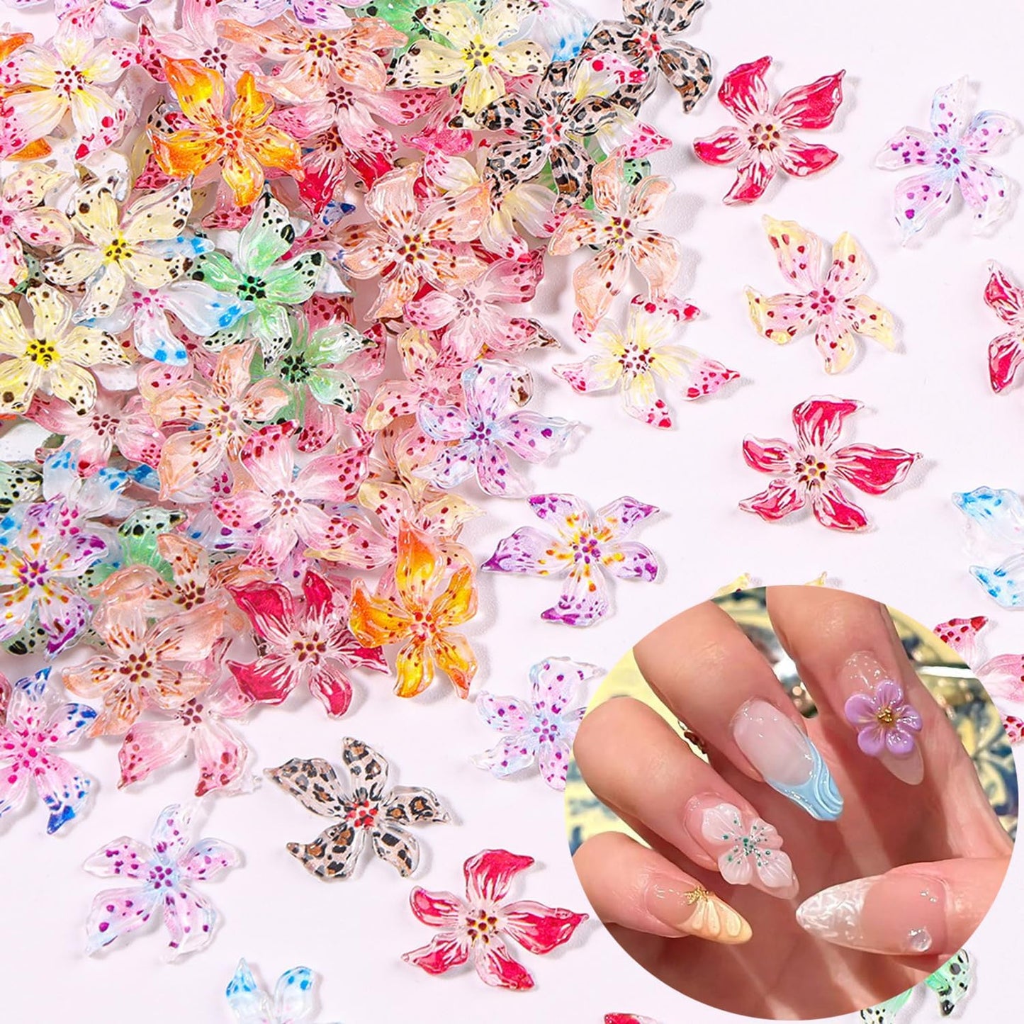 3D Hawaii Flowers for Nails,Spring Hibiscus Floral Nail Art Charms Lily Flowers for Nail Rhinestones Craft Multi-Color Petal Relief Flower Charms for Summer Acrylic Nail Jewelry Manicure Accessories