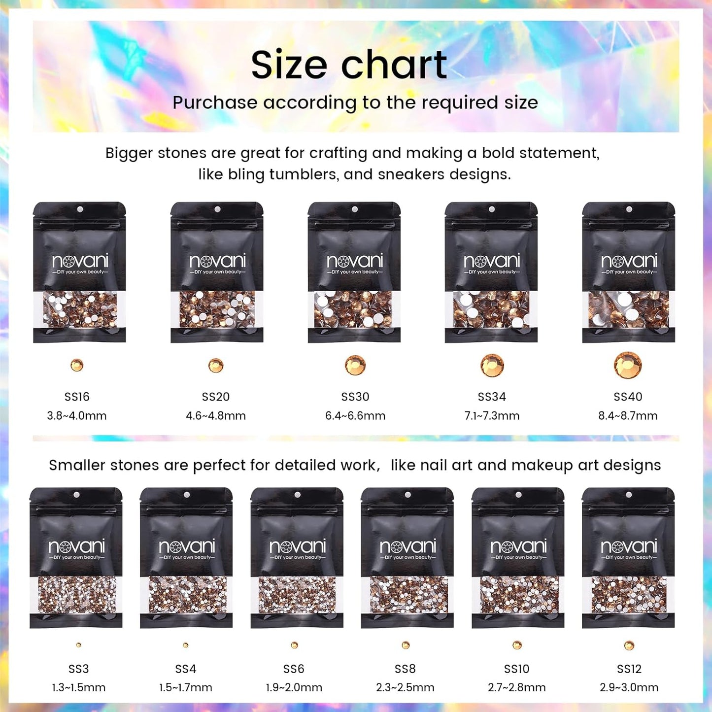 Novani Brown Rhinestones Flatback Rhinestones Glass Nail Gems Stones Jewels Round Gemstones Non-Hotfix Crystal,SS6,1440 Pieces,Topaz