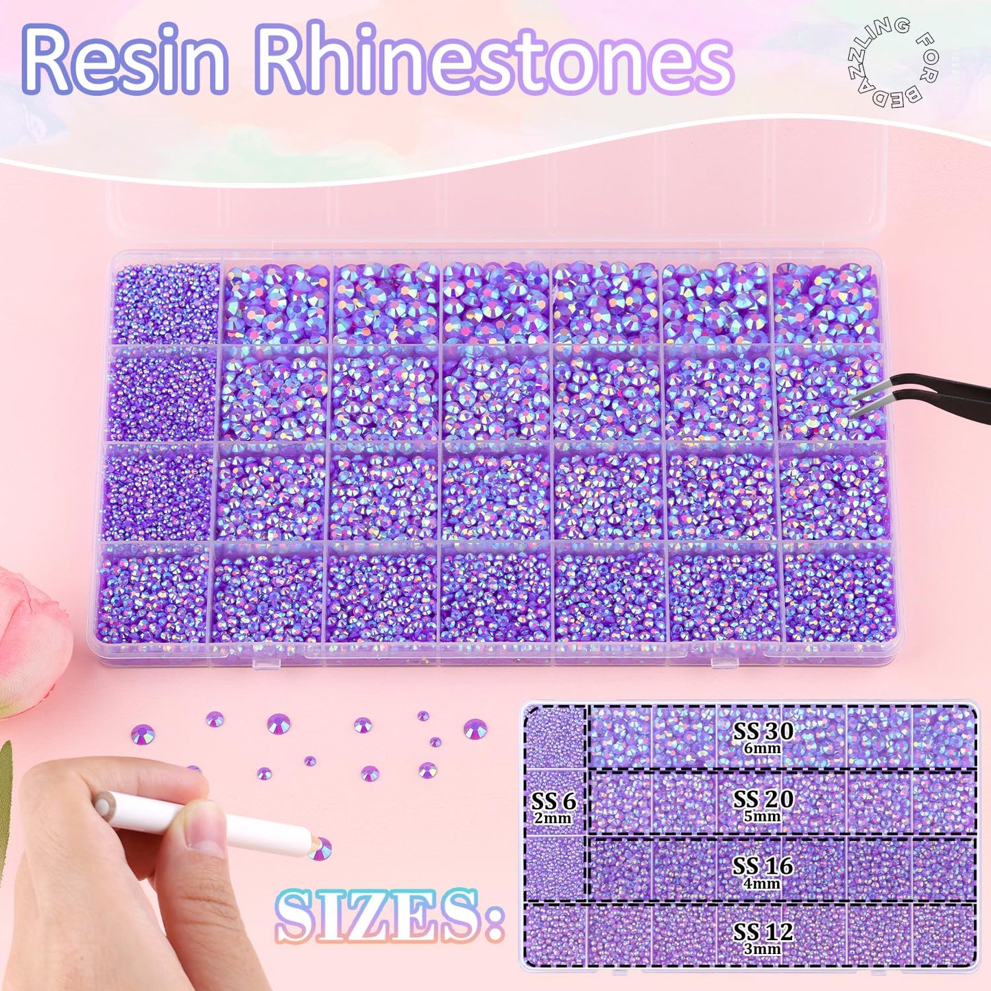30000Pcs Resin Rhinestones for Bedazzling with B7000 Jewelry Glue, Dark Purple AB Flatback Gems Rhinestones for Crafting, Clothing Tumblers Mugs Shoes Fabric Decor Nail Art
