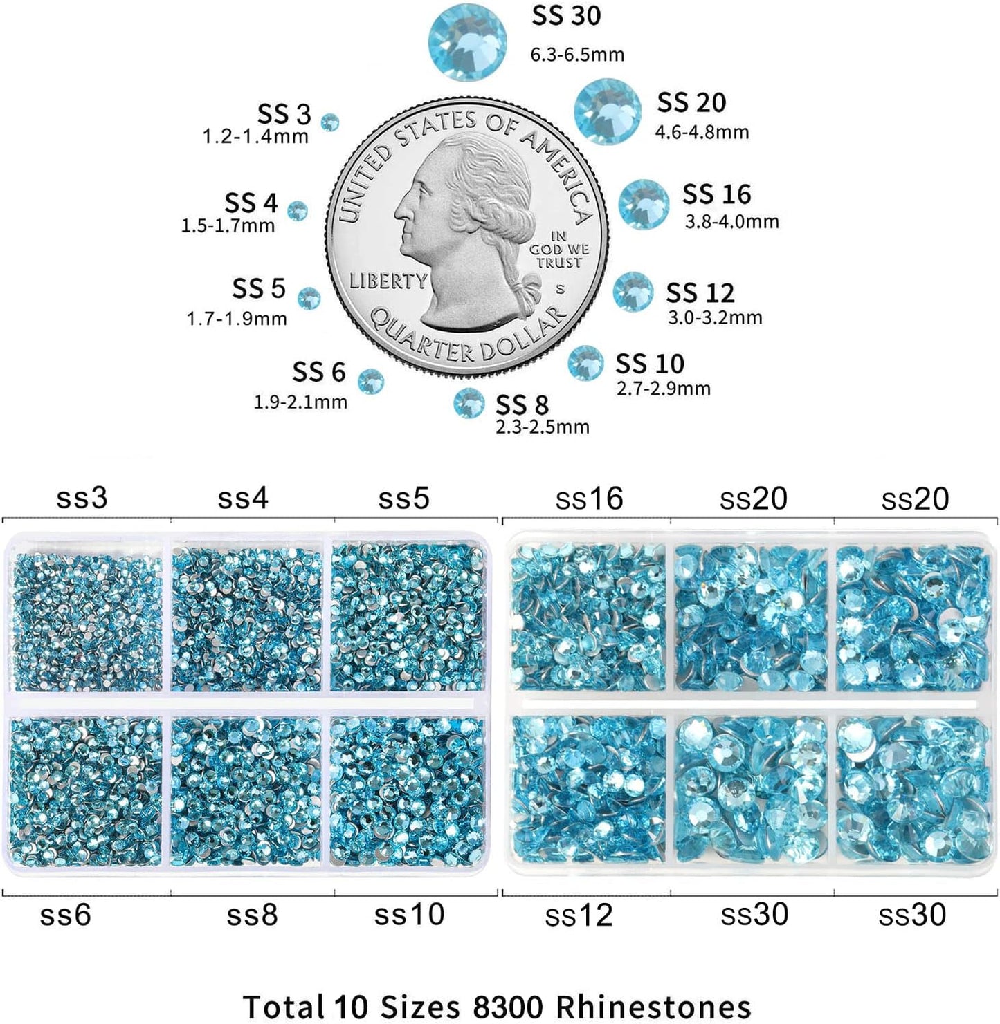 Beadsland 8300PCS Flatback Rhinestones, Blue Rhinestone Round Crystal Rhinestones for Crafts, Mixed 10 Sizes with Wax Pencil and Tweezer Kit, SS3-SS30, Aquamarine